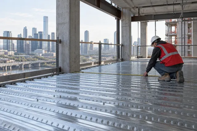 Site engineer measuring installed structural decking
